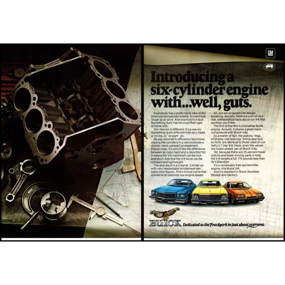 1974 Buick V6 Six Cylinder Engine 2 Page Vintager Print Ad Skyhawk Wall Art
